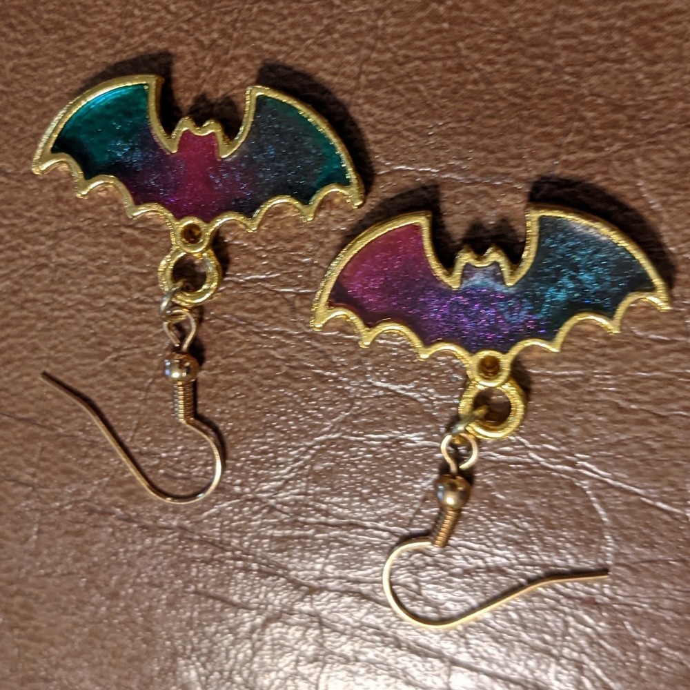 Rainbow Bats Earrings Gold Resin Galaxy Handmade Halloween - Picture 7 of 15